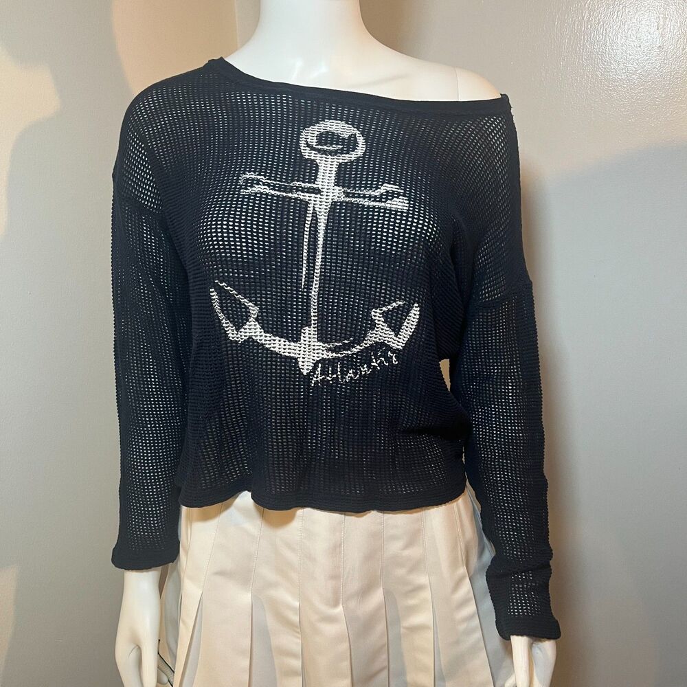 Atlantis Anchor Open-Knit Mesh Sweater M Oversize Slouch Preppy Nautical Coastal